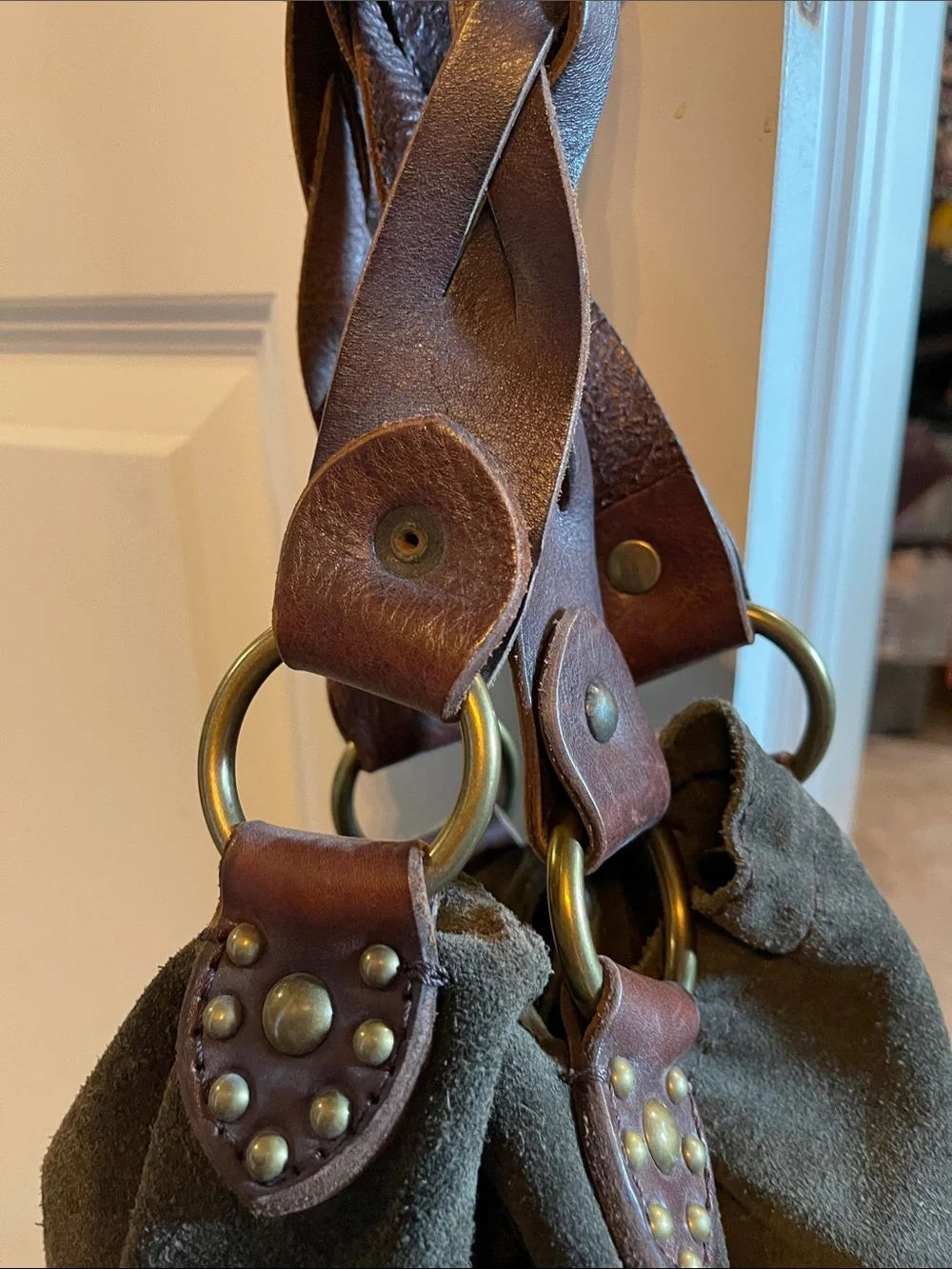 Lucky Brand Olive Suede Hobo with Brown Leather Straps
